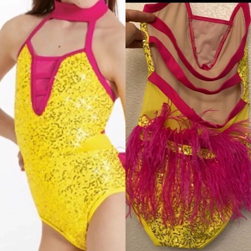 Weissman Elite Dance costume yellow sequin Feather Bustle Leotard SQ11458 XSA
